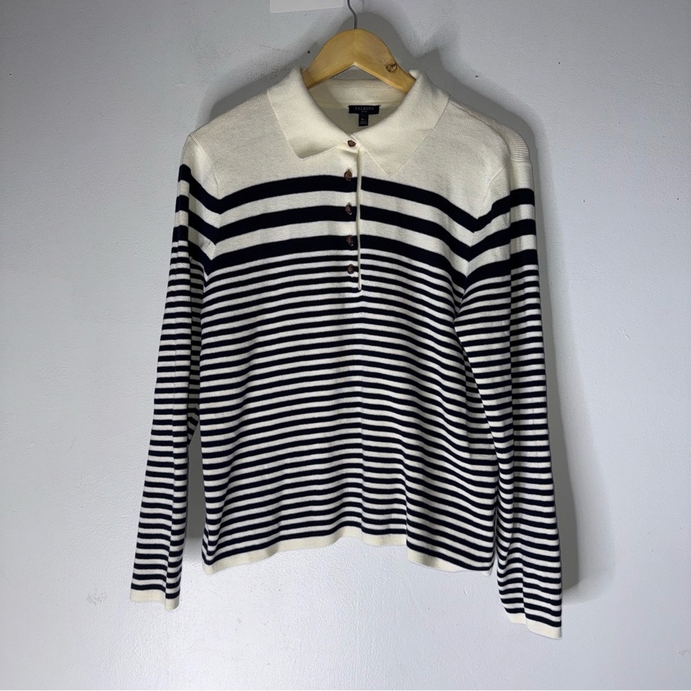 Talbots White‎ Navy Stripe Long Sleeve Polo Cotton Sweater XLP